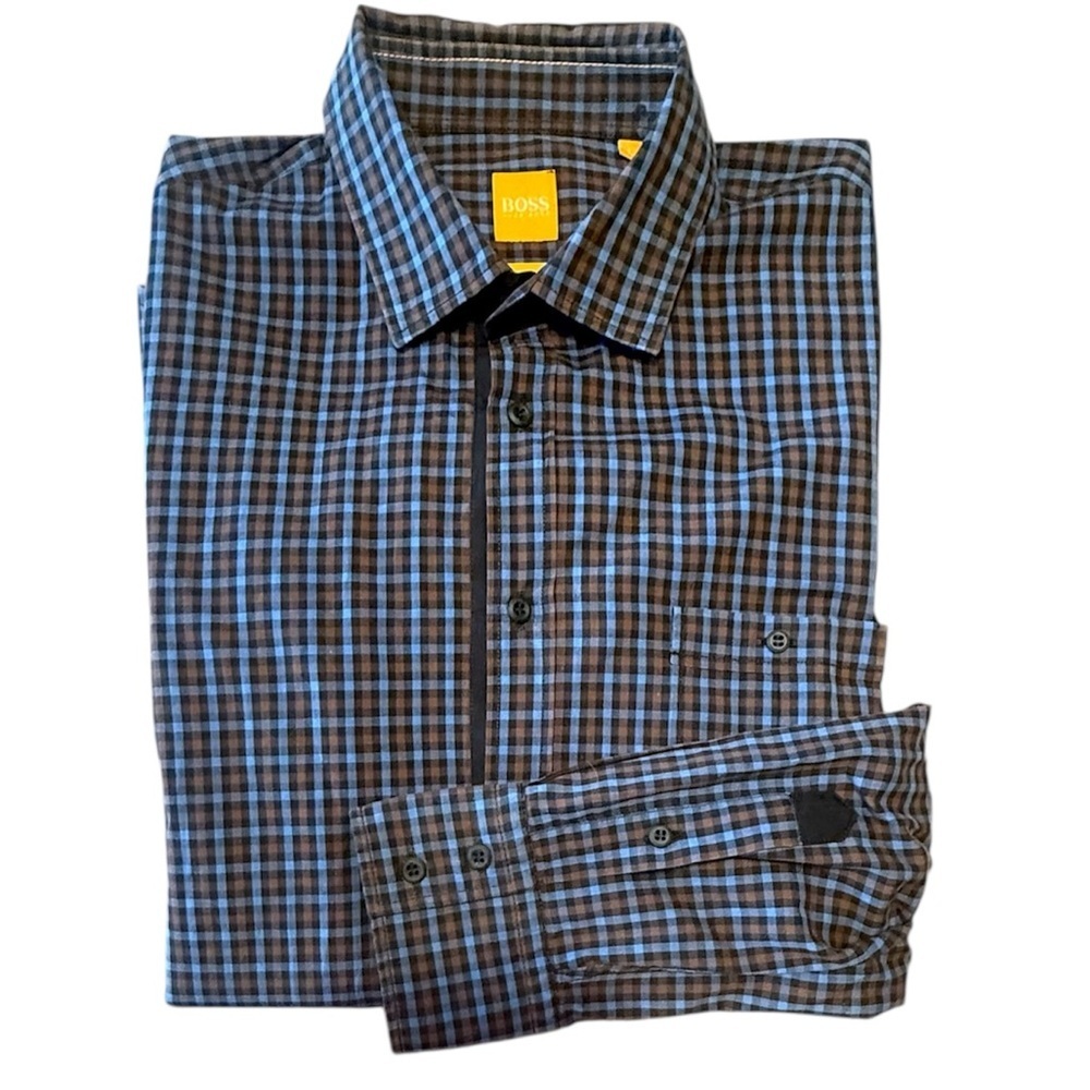 BOSS Orange Men's Blue and Black Checked Cotton Dress Shirt Size Large